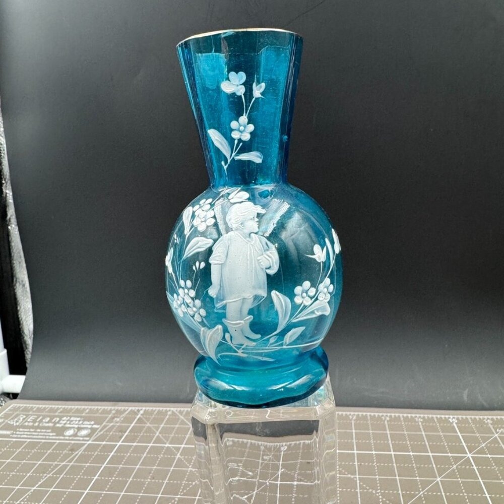 Antique Mary Gregory Miniature Fluted Little Child Sea Blue Vase 4.5"